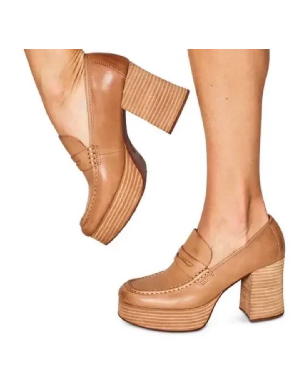 Kork-Ease Barbara Platform Block Heel Leather Loafers Tan Size  Women’s 8.5